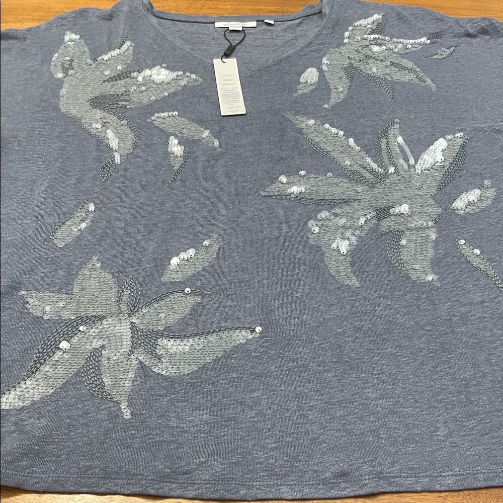 NWT Chicos Gray Blue Sequin Embellished Linen Tee Sz 1 Medium